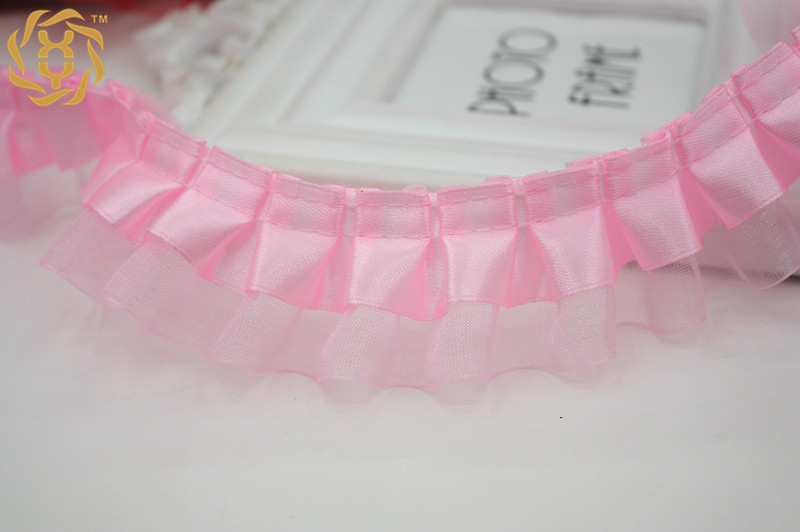 5.5 Yards (5 Meter) double Layer Ruches Eenzijdige Organza Tulle Satin Lint Trim 40Mm Naaien Wedding Craft Diy: Roze / 5Yard
