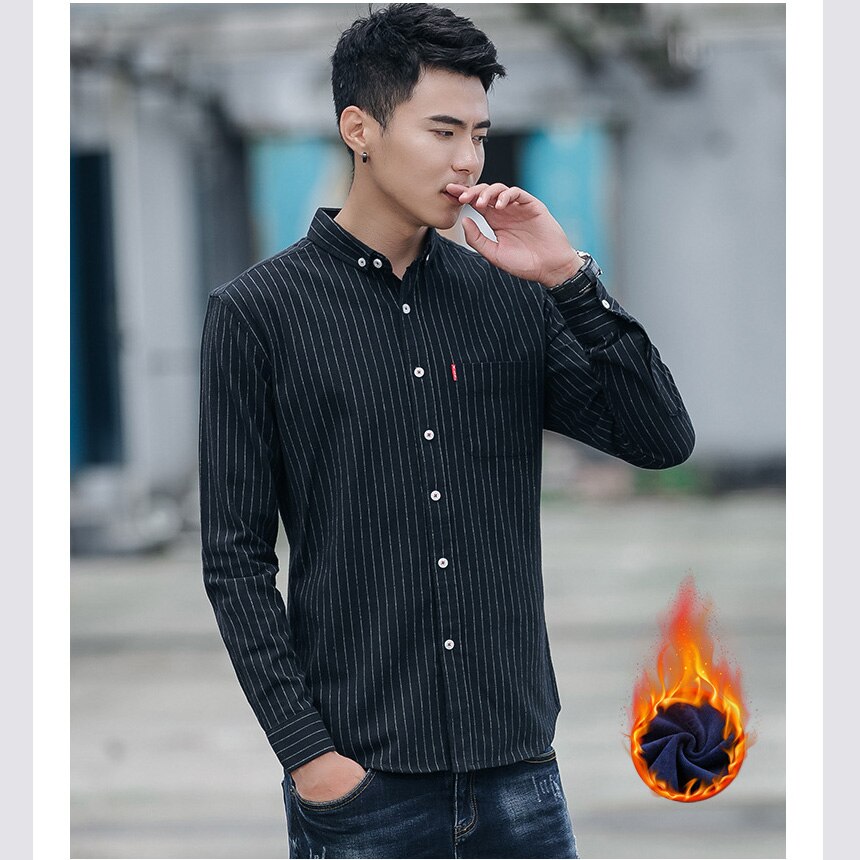 men shirt winter warm fast casual slim fit long sleeve strip shirt Compound fabric with fleece: grey white strip / XXL