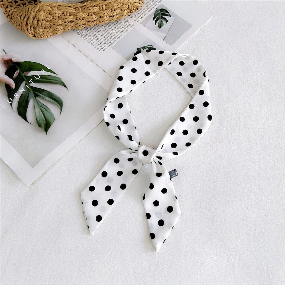 Spring Summer Women's Polka Dot Printed Silk Stain Hair Ribbon Tie Scarf Female Black White Green Yellow Bag Scarves: White