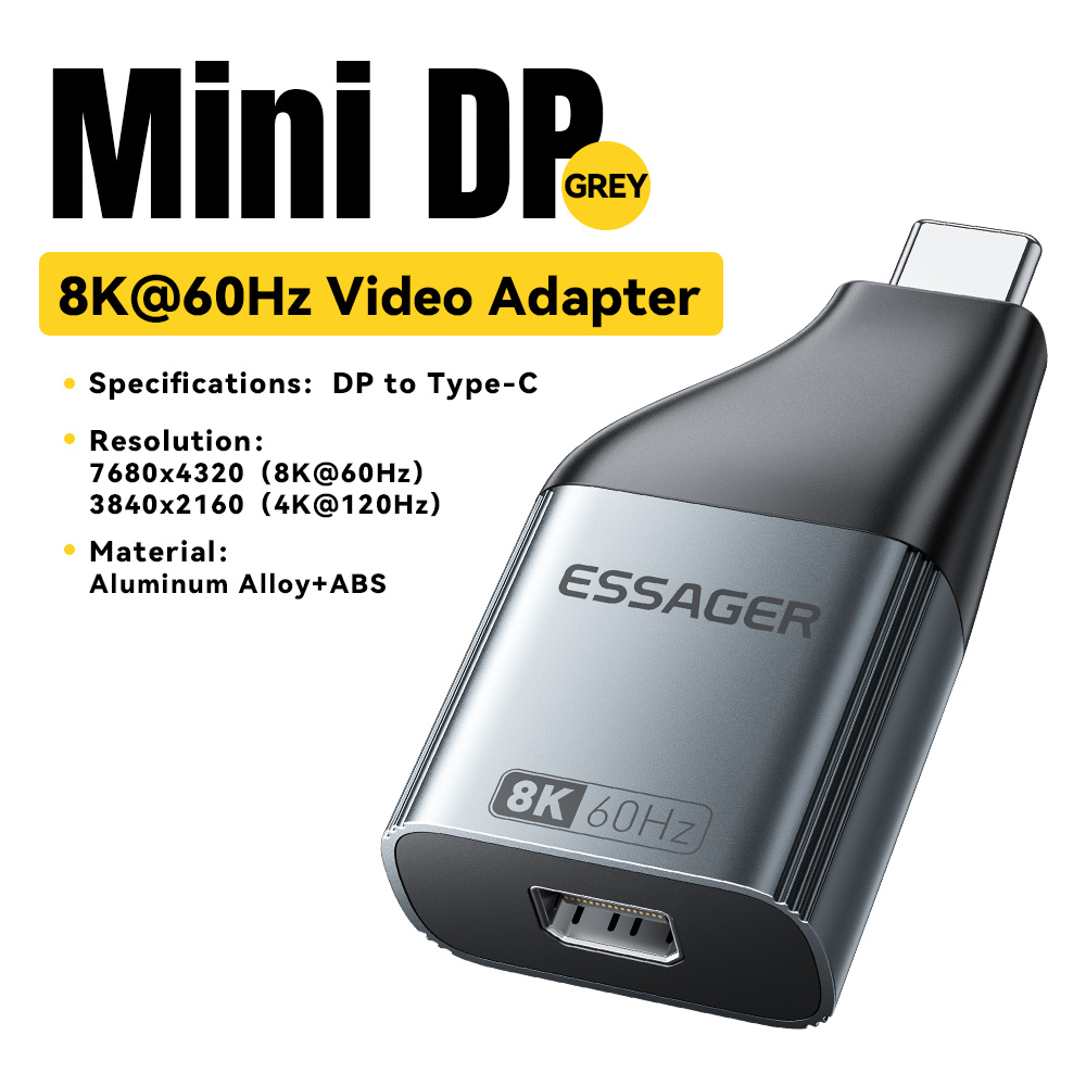 Essager USB-C to HDMI DP VGA Mini DisplayPort Adapter 8K 60Hz/4K 120Hz High-Definition Video Converter for MacBook PC Laptop: black