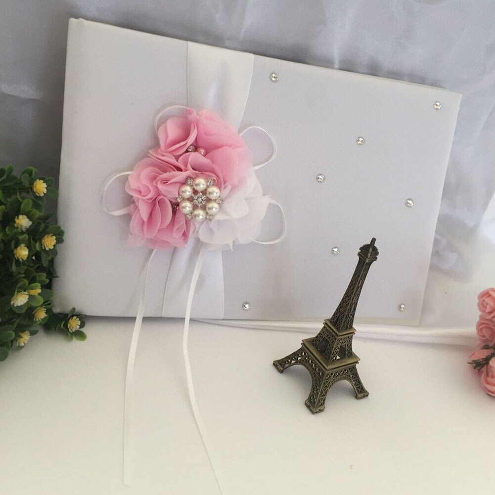 Vit satin blomma bröllop gästbok signering penna set med söta band pärlor  km88