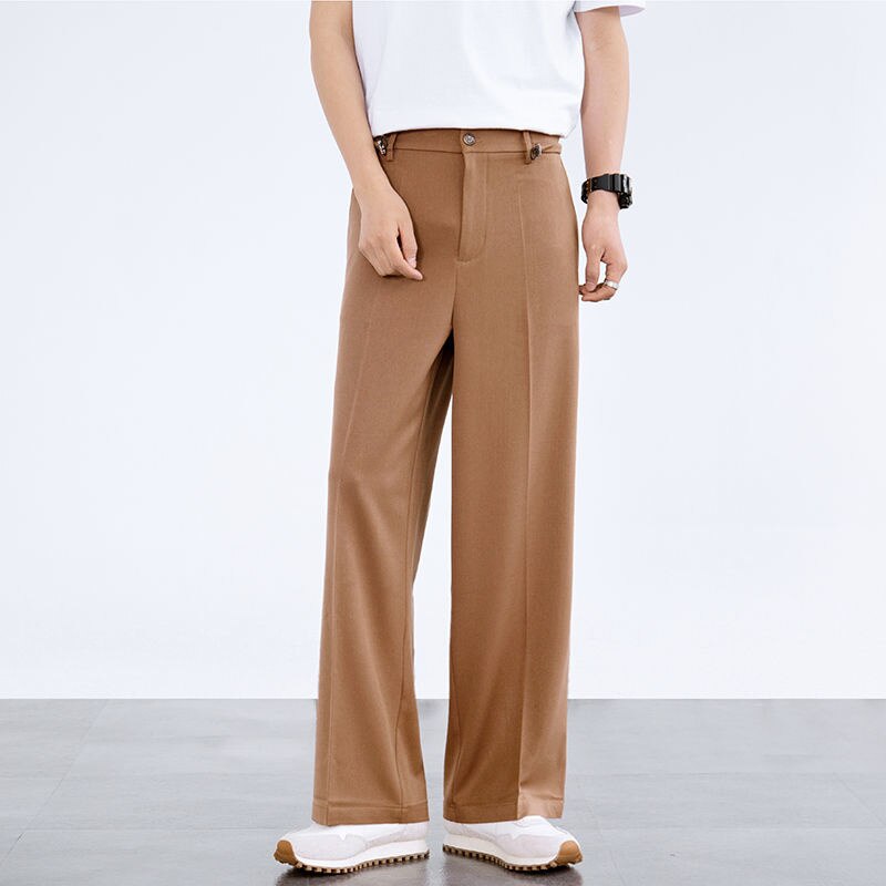 Pantalones de traje holgados de primavera y verano para hombre, pantalones ajustados de pierna ancha, elásticos, drapeados, informales, de color sólido que combinan con todo
