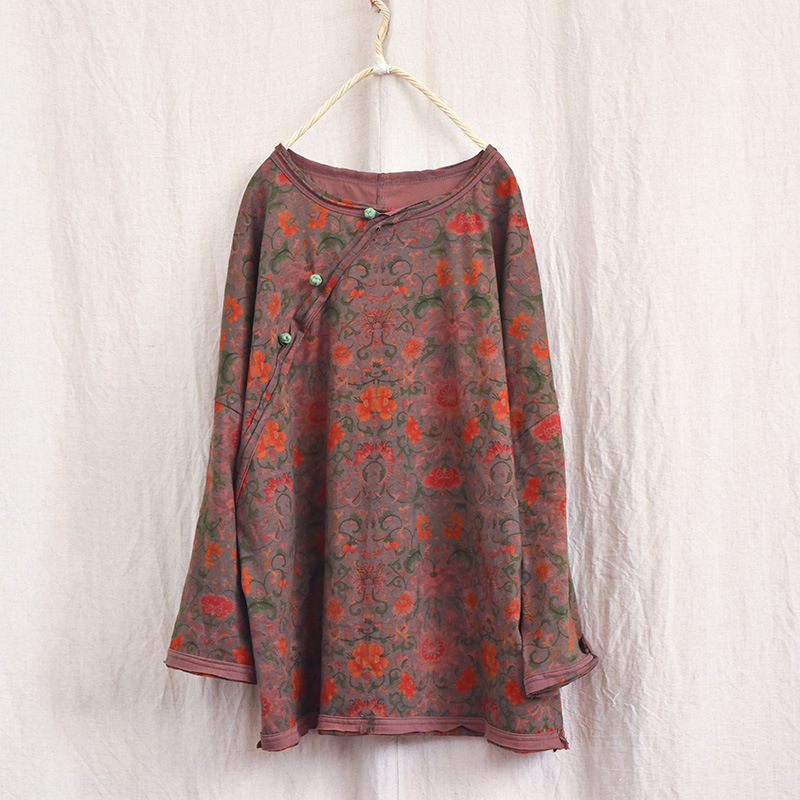 Kinesiske damet-shirts med lange ærmer i bomuld og hør, forårsprint, løse, afslappede toppe til kvinder, t-shirts  m965
