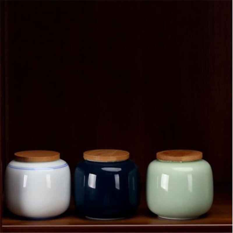 Retro Bamboo Lid Seal Ceramic Tea Cans Food Storage Chinese Pastoral Style Porcelain Mini Sealed Tea Caddy Candy Jars Canister