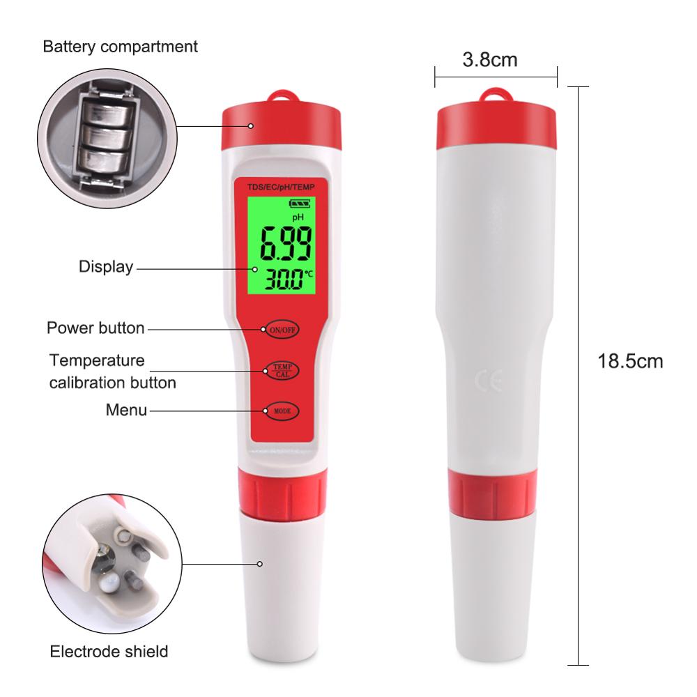 Yieryi 4 in 1 PH/TDS/EC/Temperature Meter PH Tester Digital Water Monitor Tester for Pools, Drinking Water, Aquariums