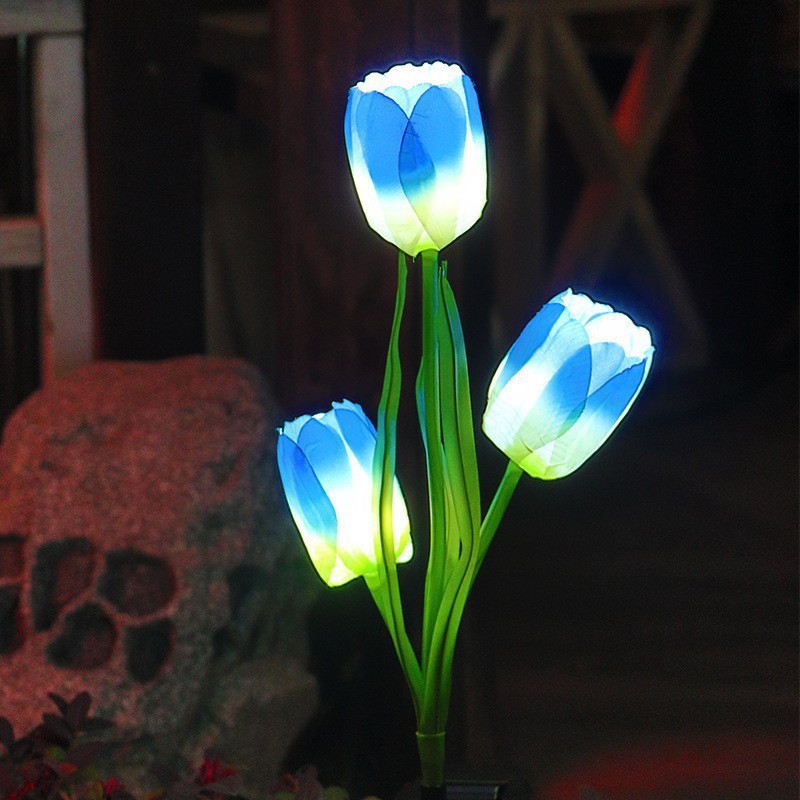 Lámpara decorativa de jardín con forma de flor de tulipán alimentada por energía Solar, iluminación de paisaje exterior única para camino de jardín, luces de estaca para césped N01: Azul / 6-10 W