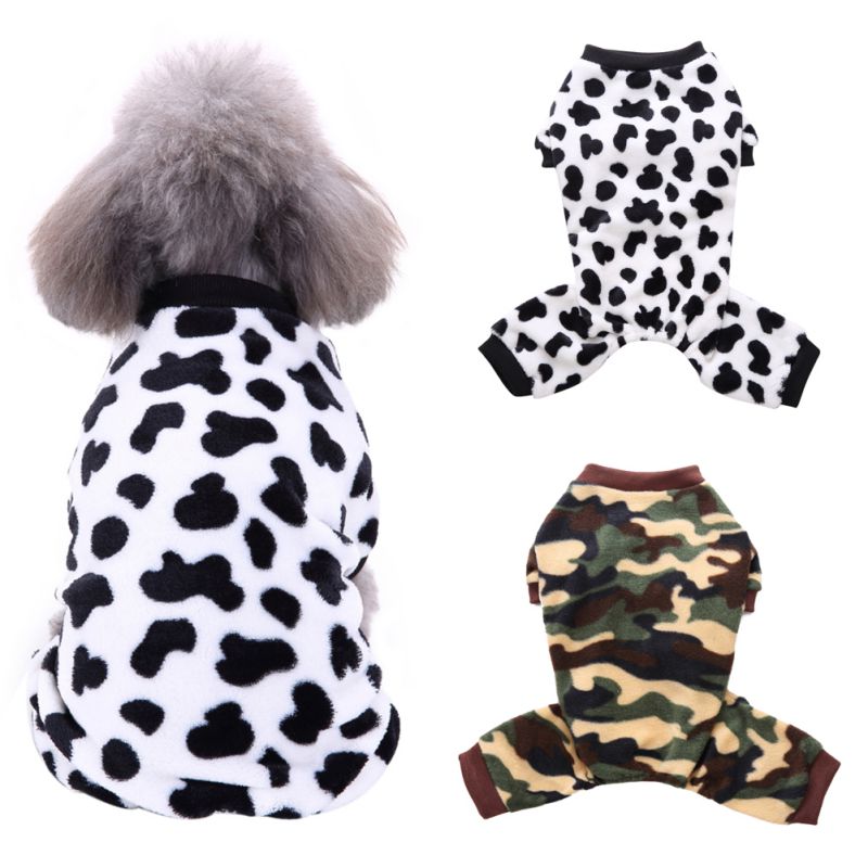 Sällskapsdjur kläder kostym kamouflage ko mönster valp hund kläder sällskapsdjur varm pyjamas vinter fyra fot fleecepet kläder