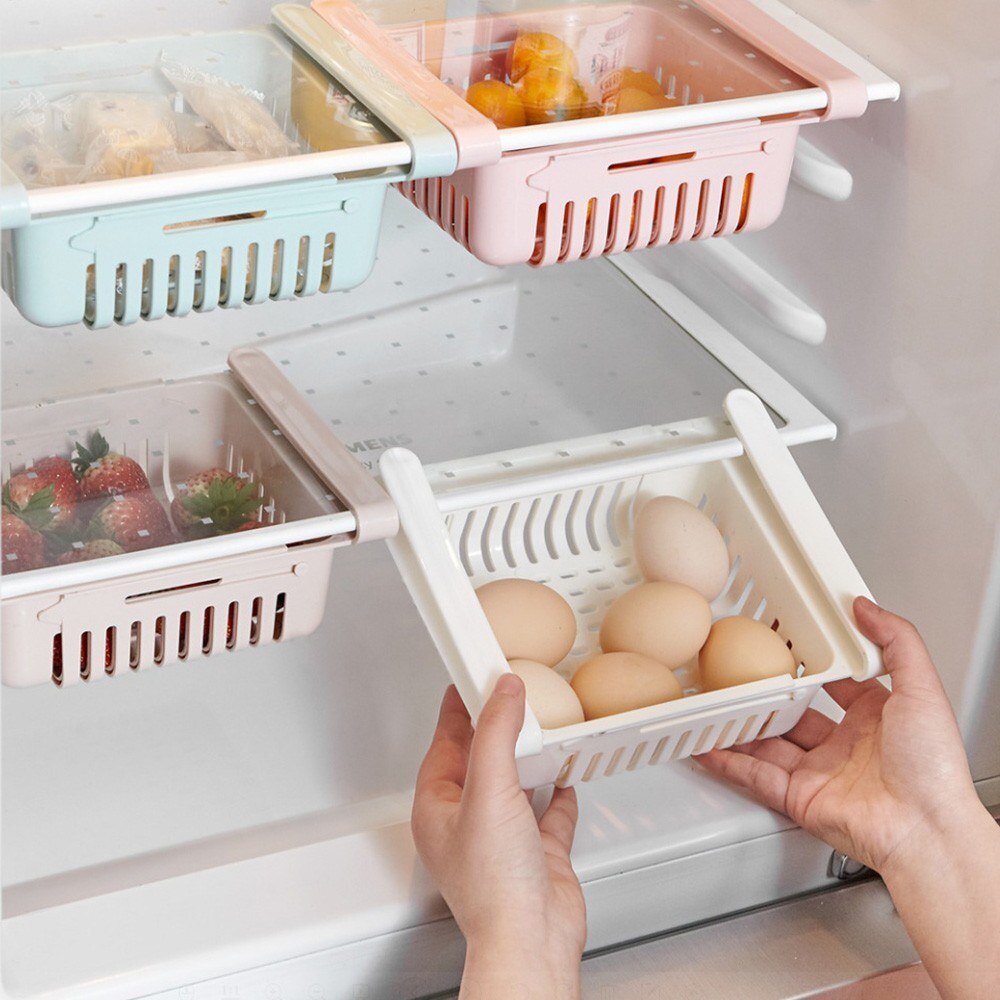 Kitchen PP Storage Box Food Fruit Container Organizer Rack Pull-out Drawer Stretch Refrigerator Storage Basket White: WHITE