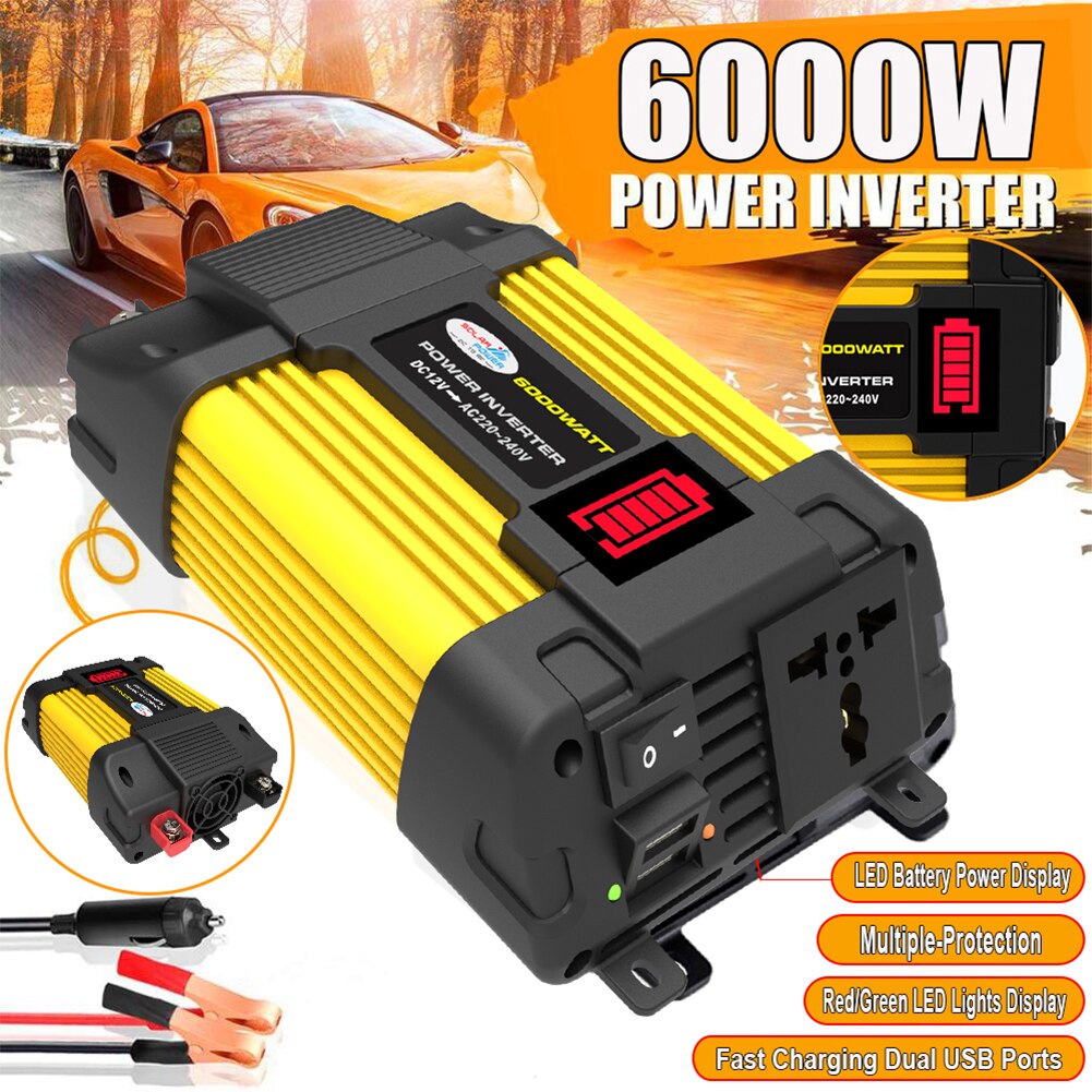 Inversor de potencia para coche, convertidor de pantalla de capacidad de voltaje LED de 6000W, 12V a 110/220V, inversor USB Dual para electrodomésticos de coche