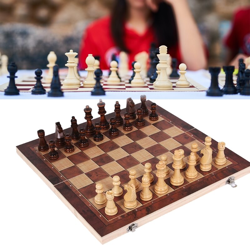 Wooden Chess Set Folding Large Board With Chess Pieces Interior for storage Port Q84C