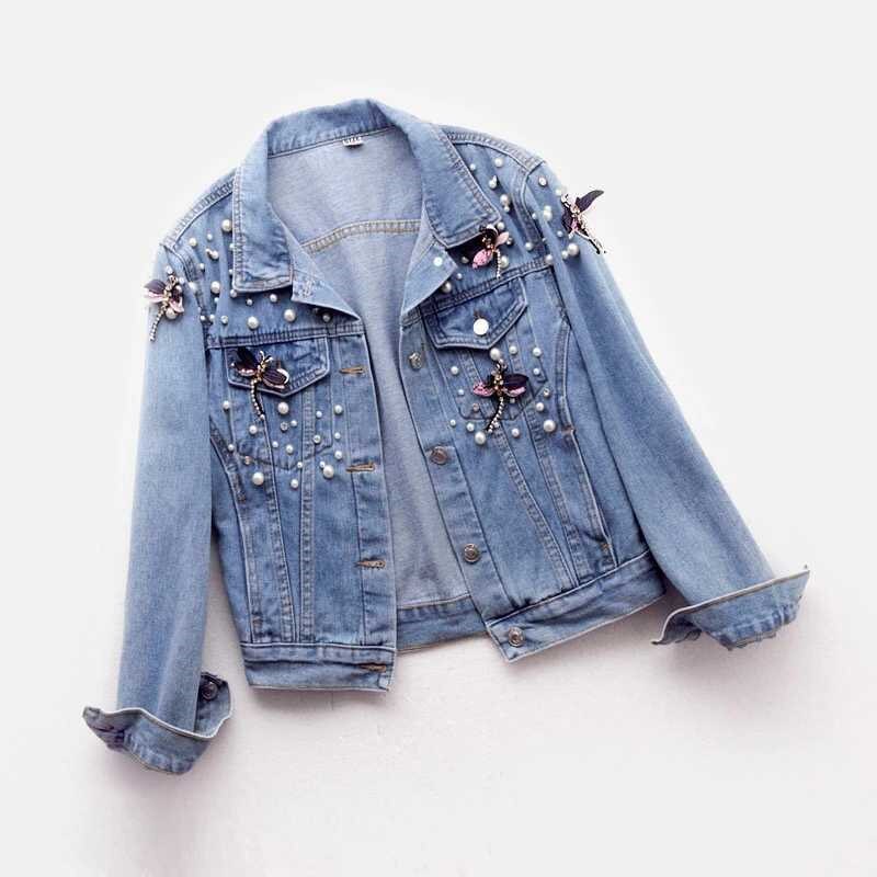 Chaqueta vaquera holgada con abalorios para mujer, abrigo básico de manga larga, ropa de calle informal, P688, otoño,