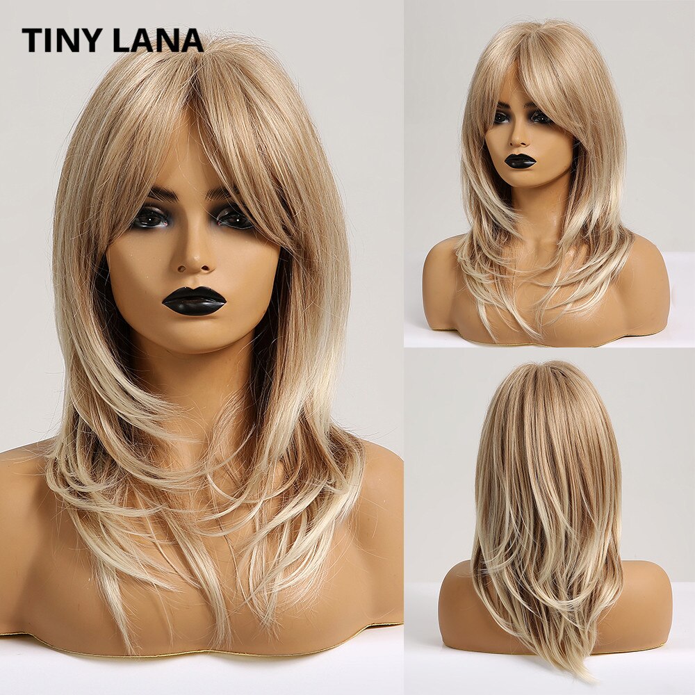 Lille lana syntetisk hår parykker ombre brun lys ask blond medium bølget paryk til sorte kvinder varmebestandigt fiber dagligt falsk hår: Lc242-3