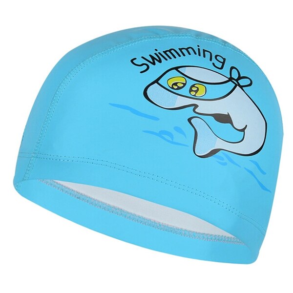 PowerPai Swimming Cap Children Waterproof PU for boys girls Comfortable Dolphine Cat Cartoon Swimming Pool Training Bathing Hood: Lake Blue