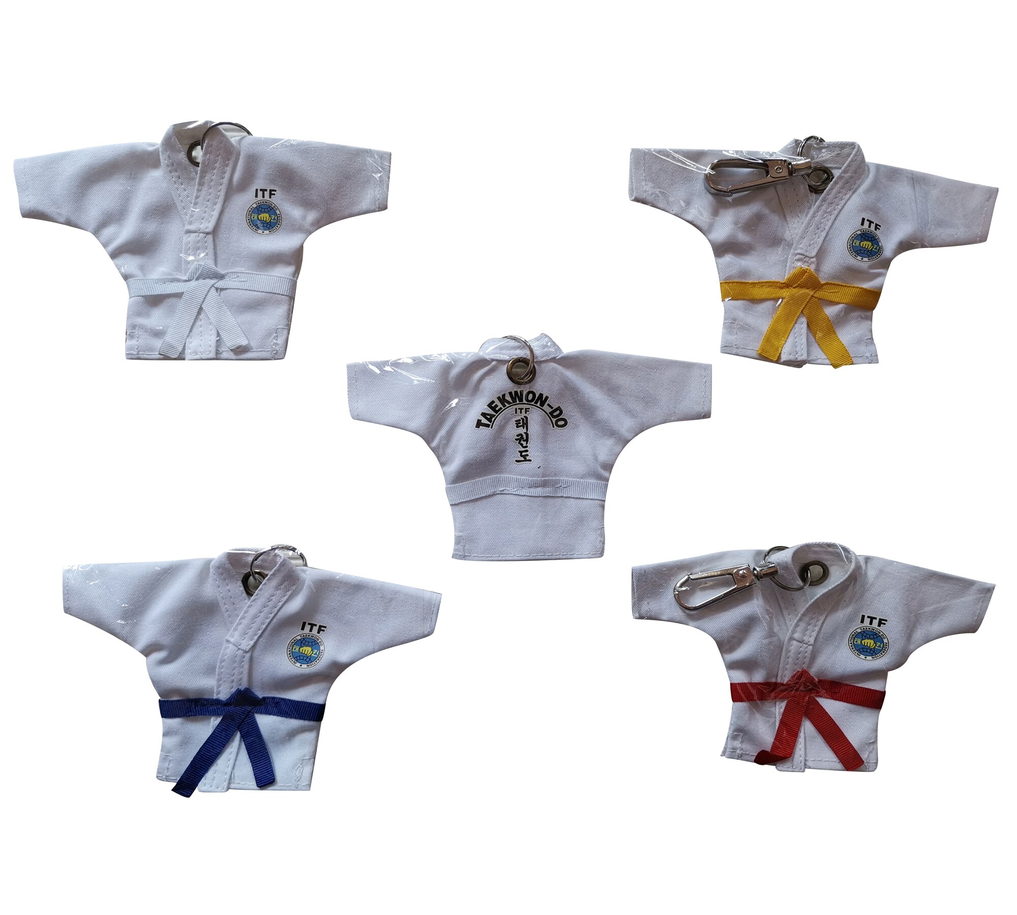 LLavero de colores ITF de Taekwondo, uniforme tipo Kimono, colgante de dibujos animados, deportivos, anillo de tecla de botón, recuerdo, 5 unidades