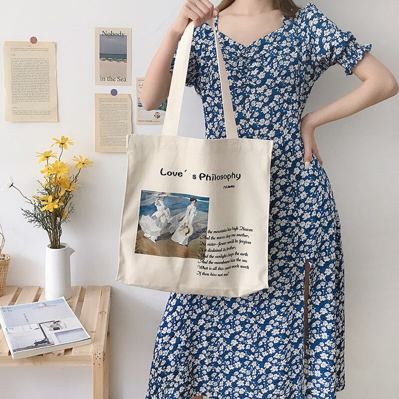 Vrouwen Canvas Boodschappentassen Vrouwelijke Liefde Filosofie Dagelijkse Schoudertassen Dames Olieverf Boeken Tas Handtassen Tote Voor Meisjes: D