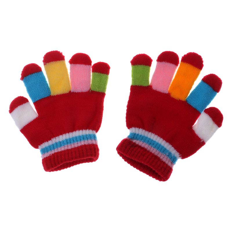 Gants pour enfants | 1 paire, gants chauds d'hiver pour enfants, rayures colorées, tricotés, solide, multi-couleurs élastiques, pour garçons et filles: Rouge