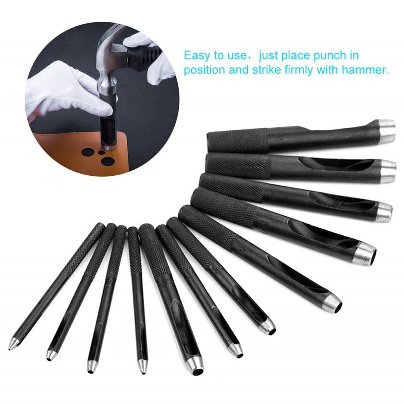 12 pièces/lot costume poinçonnage 1mm-10mm rond en acier au carbone en cuir artisanat trou perforateur montre ceinture bande en plastique caoutchouc outils