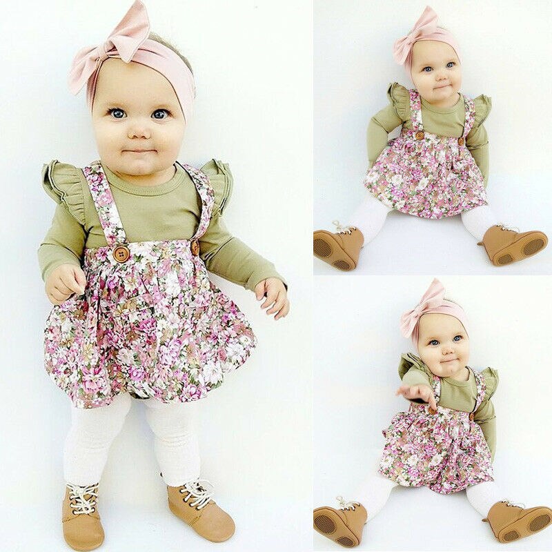 pudcoco Newborn Kid Baby Girl Floral Printed Clothes Party Princess Bib Strap Tutu Skirt Dress