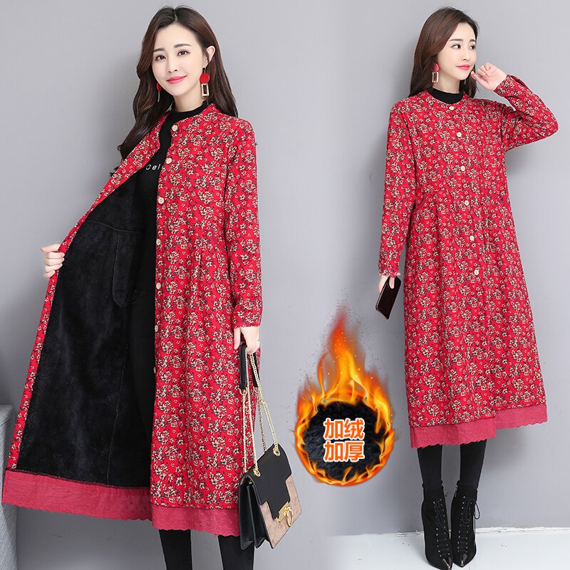 Female Fashion Women Autumn Vintage Print Trench Coat Women Casual Long Coat Cardigan Trench Outerwear