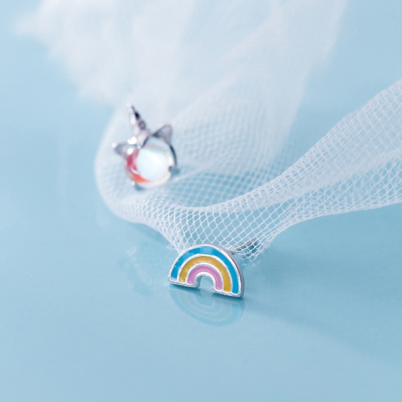 Mloveacc S925 Sterling Zilver Vrouwelijke Oorbellen Koreaanse Kleine Verse Cartoon Mooie Asymmetrische Rainbow Stud Oorbellen Voor Meisjes