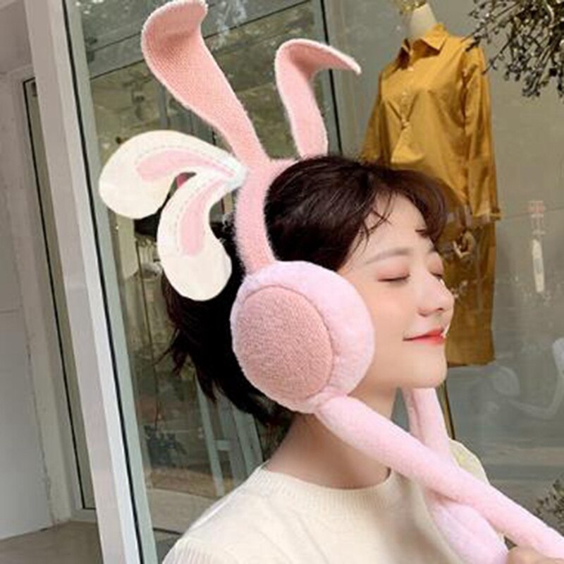 Protège-oreilles mobiles pliables avec oreille de lapin en hiver coupe-vent pour filles, protège-oreilles en peluche tricoté, oreilles de lapin poilu