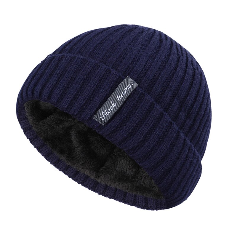 Gorro de invierno para hombre , gorro de punto grueso de terciopelo con etiqueta de letras para invierno para hombre y mujer, gorro grueso para exteriores, grueso, informal para hombre: Navy