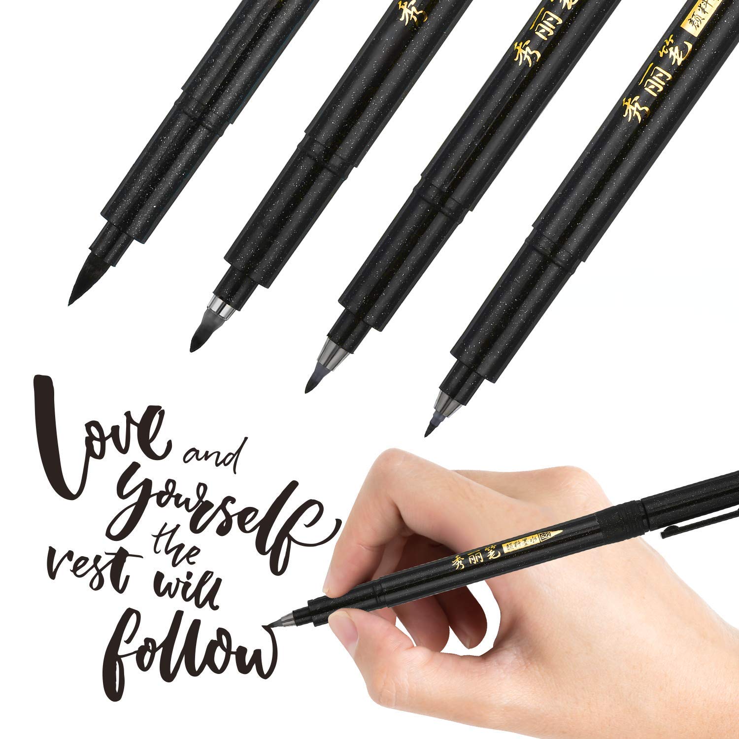 Refill Brush Calligraphy Pen for Lettering 4 Sizes Black Brush Marker Pen Calligraphy Set (4 Brush Pens)