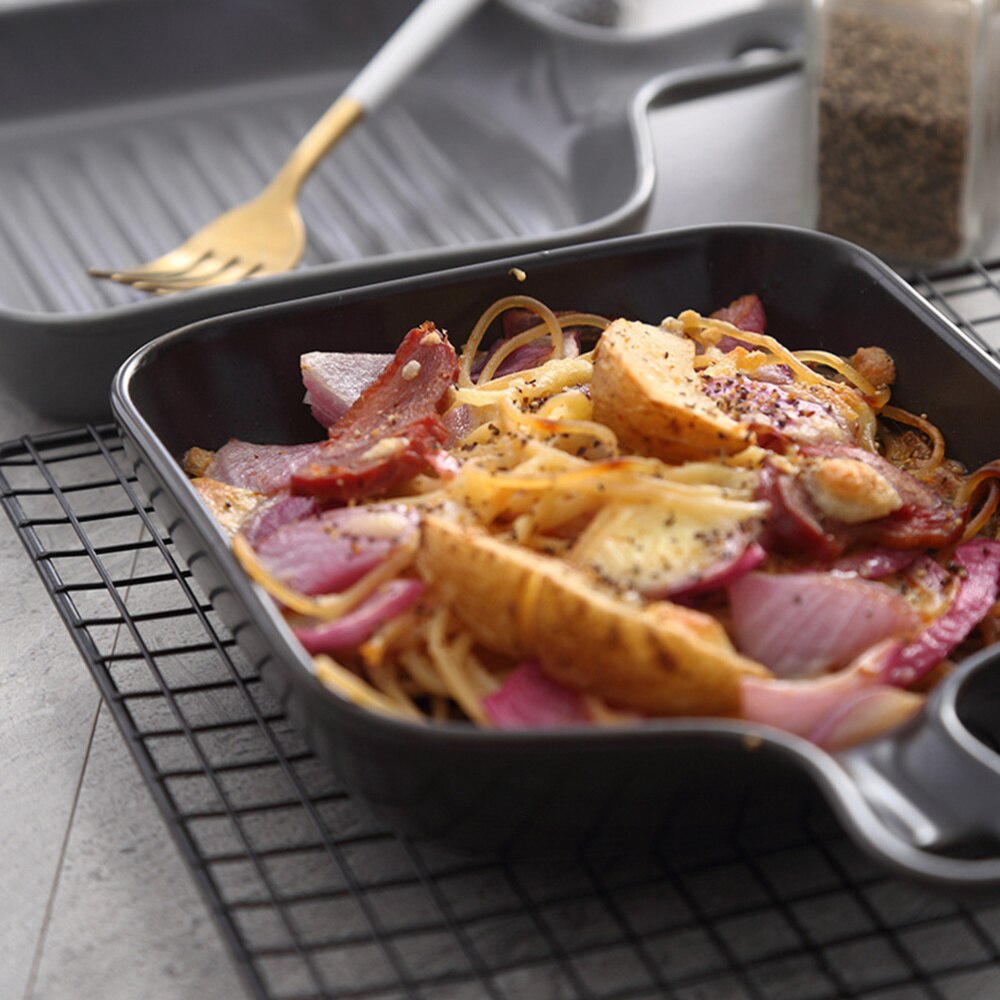 Square Grill Plate Non Stick Coating Resuable Dish Drying Tray Food Transfer with Short Handle (Black)