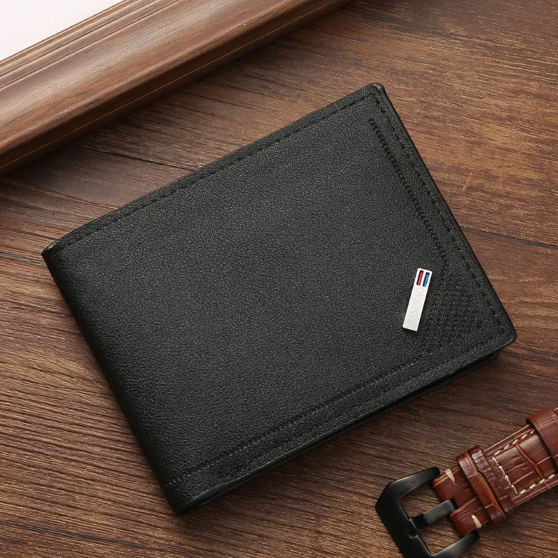 Men's leather short wallet thin wallet foldable minimalist soft leather wallet: black