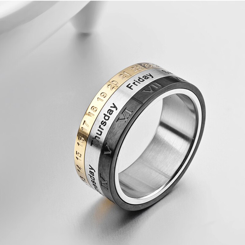 Arrivals Can Choose Date And Week Rotating Rings For Men And Women Titanium Steel Top Jewelry Three Color Mix Ring