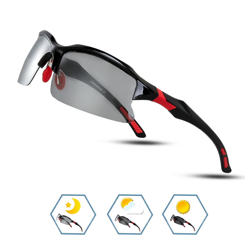 Comaxsun fotokromisk cykelbriller misfarvning briller mtb road cykel sport solbriller cykel briller cykel beskyttelsesbriller 2 stil: Stil 1 sort rød