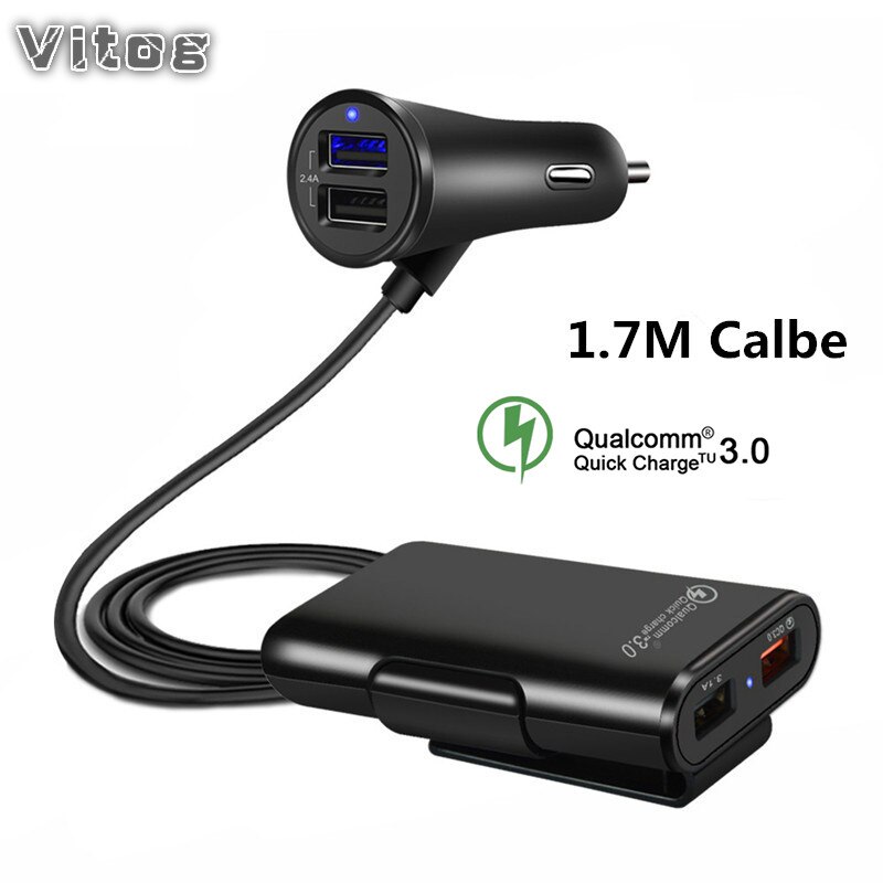 Quick QC3.0 Autolader 2.4A + 3.1A 4 Usb-poort met 5.6ft Verlengsnoer Kabel voor Achterbank Lading Met EEN Clip Auto Telefoon Oplader: Default Title