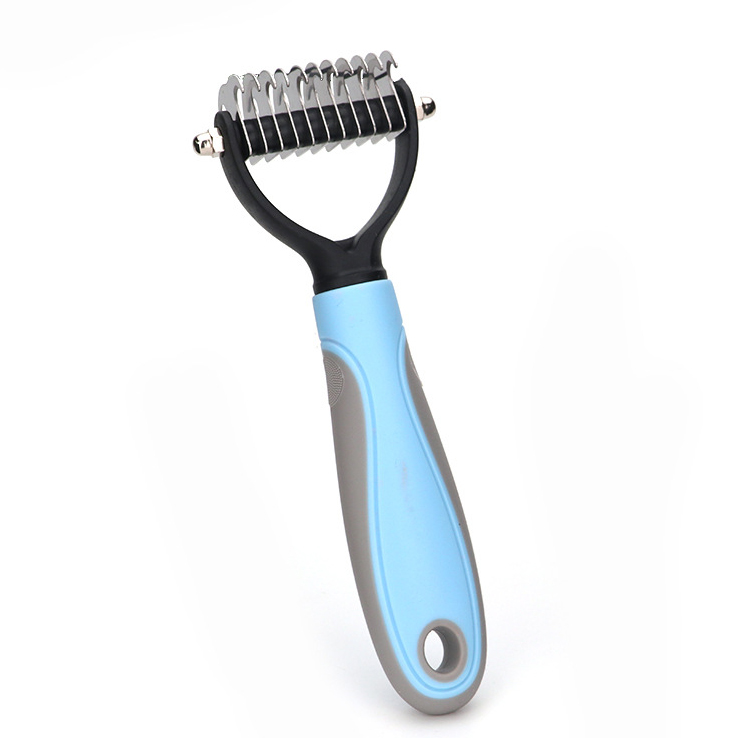 Pet Safe Dematting Comb Cat Dog Hair Removal Grooming Shedding Tools Fur Trimming Deshedding Brush Double Sided Long Curly: Blue / L 17X9cm