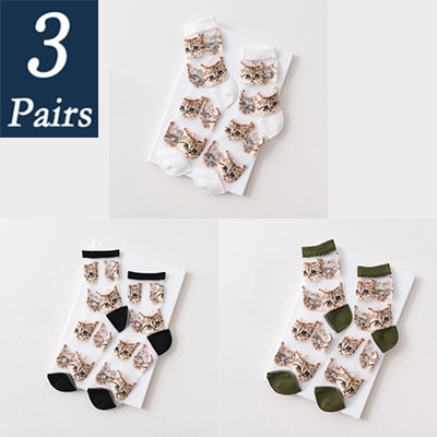 3 par kvinnor och #39 sommar genomskinliga nätstrumpor tecknad söt kattstrumpa bomull glasfilament tunna damstrumpor som andas: 10