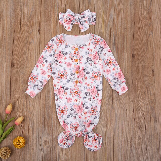 Baby Girls Nightgown Knoted Sleepers with Headband Floral Print Cotton 2 Piece Sleep Set