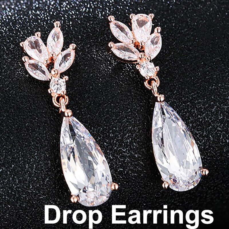Leaf Zircon Clips Earrings for Women Silver Color Water Clip Earings Long Crystal Wedding Ear Cuff Jewelry: Drops RoseGold E1094
