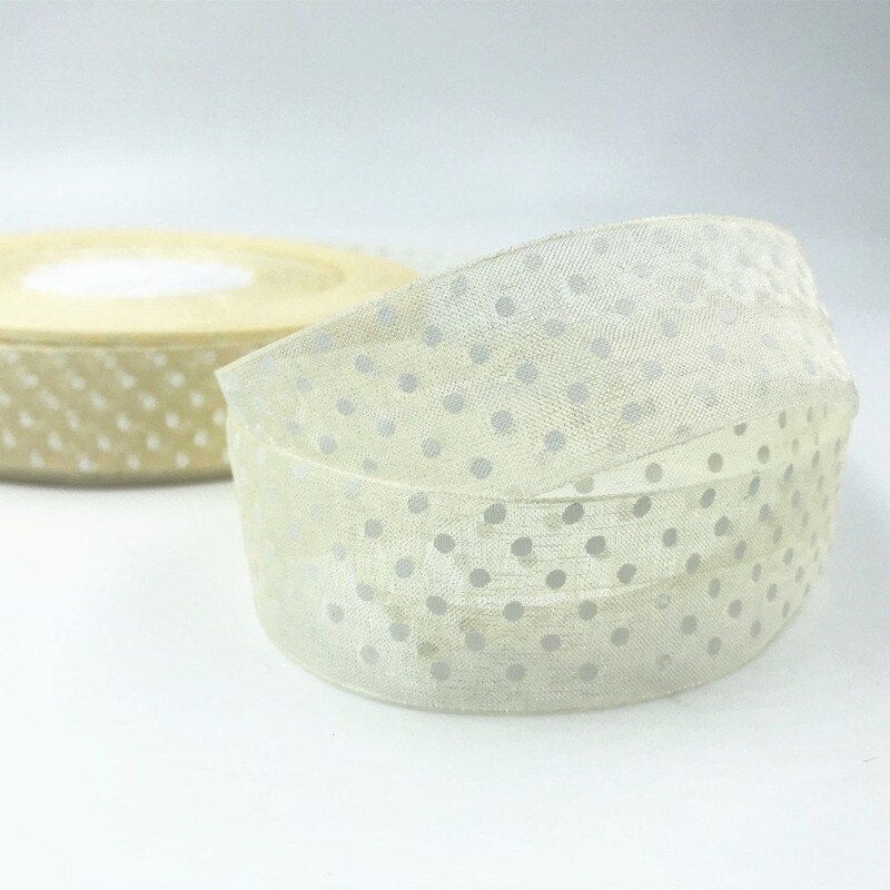 DIY 25mm 20 Yards dot Satin Edge Sheer Organza Ribbon Bow Craft Wedding: Beige-20Y