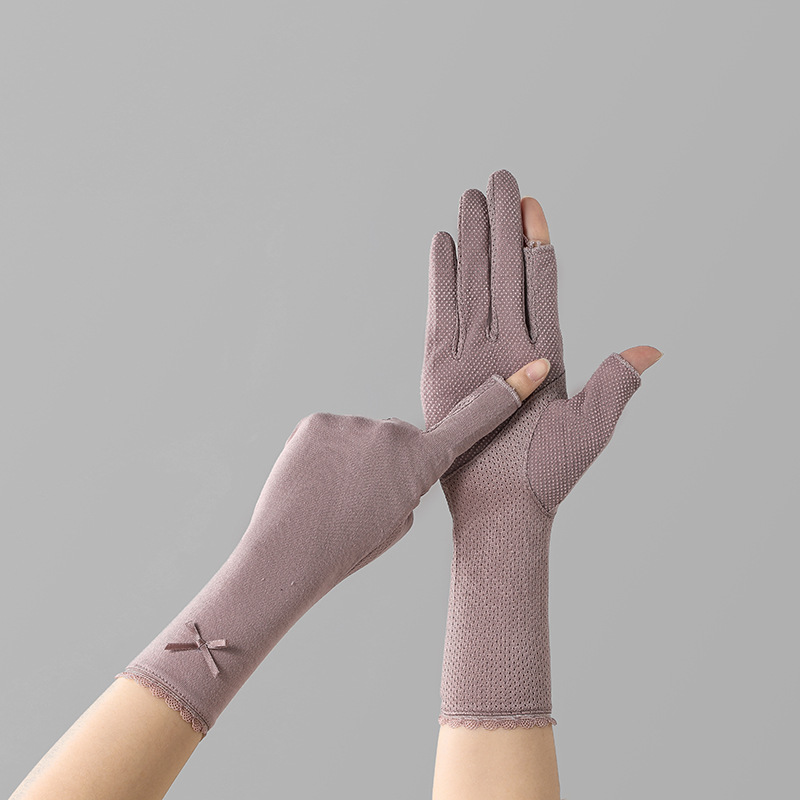 2025 Summer Women's gloves Thin Mid Length Cotton Sun Protection Driving Gloves Fingerless gloves for Women: Beige