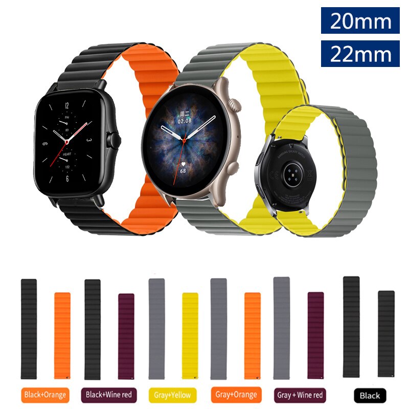 Bracelet en Silicone 20mm 22mm pour Huami Amazfit GTS3 GTS 2e 2 mini / Pace Stratos/ GTR3 GTR/Bip Lite S U, boucle magnétique