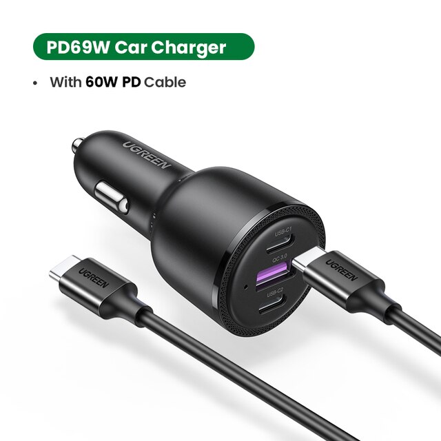 UGREEN 69W Car Charger USB Type C Dual Port PD QC Fast Charging For Laptop Car Phone Charger For iPhone 13 12 Pro Samsung Xiaomi: Add 60W Cable