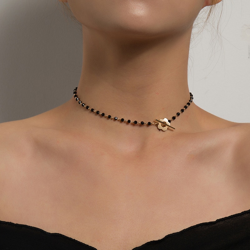 Neue 2022 Luxus Schwarz Kristall Glas Perle Kette Halsband Halskette Für Frauen Blume Lariat sperren Kragen Halskette