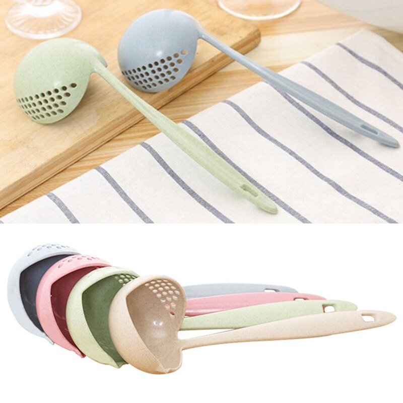 Louche cuillère à soupe en plastique | 2 en 1 à Long manche, passoire de cuisine, cuillère de cuisine, ustensiles de table