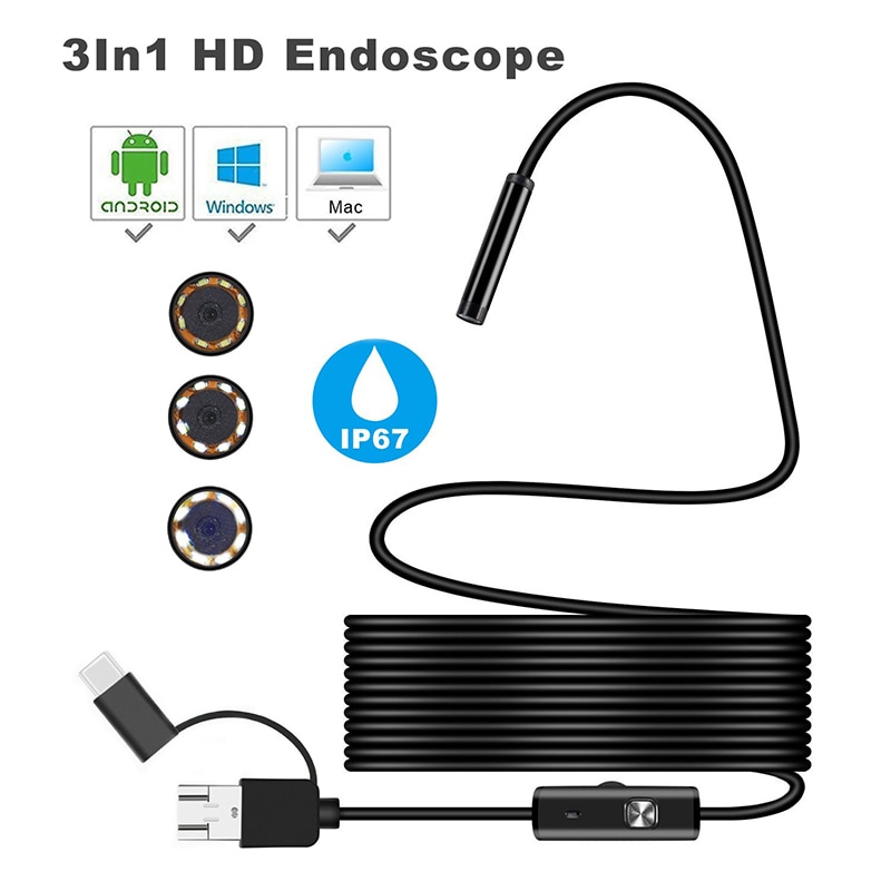 7 Mm 3in1 Type C Waterdichte Endoscoop Camera Inspectie 1 M 2 M 3.5 M 5 M Kabel 6Led Usb endoscoop Borescope Voor Pc Android Endoscoop