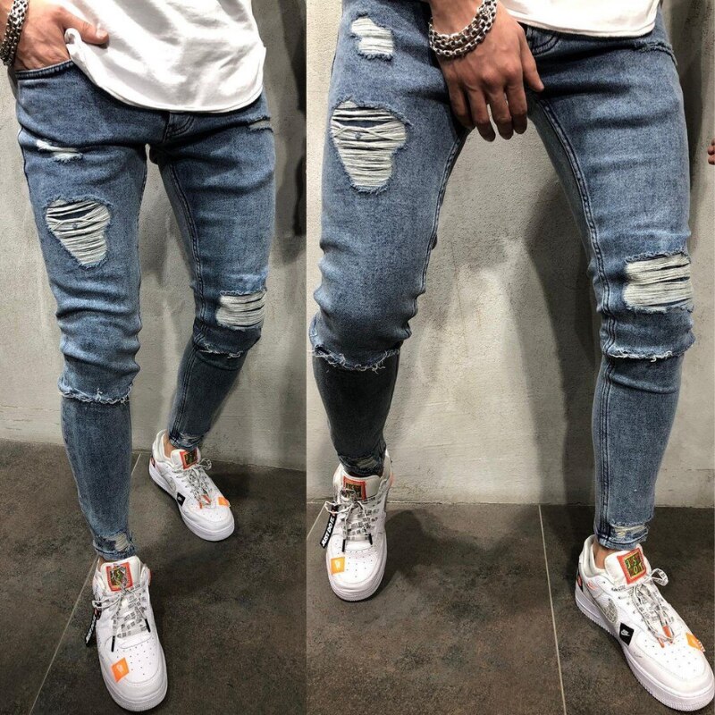 Men Ripped Skinny Jeans Biker Hole Pencil Pants Slim Fit Denim Street Men's clothing