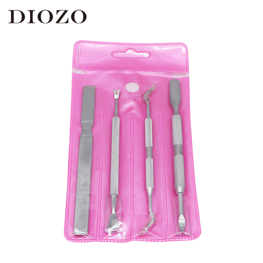 Diozo 4 stk/sæt neglebånd pusher rustfrit stål neglebånd pusher dobbeltsidet sølv død hud pusher
