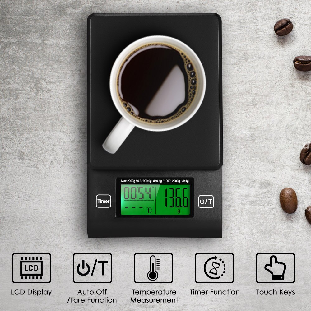 Digitale Koffie Schaal Multifunctionele Keuken Voedsel Schaal Met Timer Temperatuur Probe Lcd-scherm Groene Achtergrondverlichting 2000G/1G