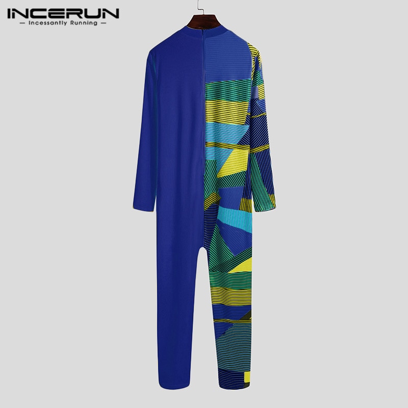 Incerun Mannen Pyjama Jumpsuit Homewear Patchwork O Hals Lange Mouwen Leisure Rompertjes Zipper Skinny Gezellige Overalls Nachtkleding S-5XL
