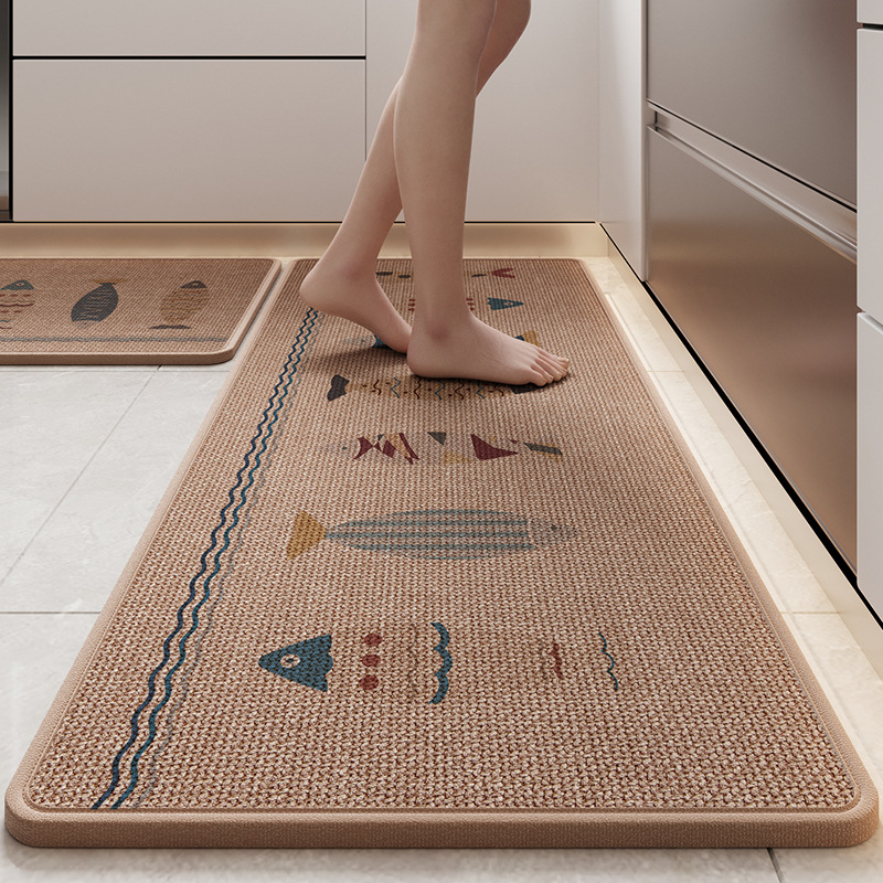 Tapis de cuisine en lin absorbant l'eau et l'huile, Polymères de sol longs, Anti-alde, Anti-chute, Entrée de portes, Coussin de pied: 500mm x 1000mm / Bleu
