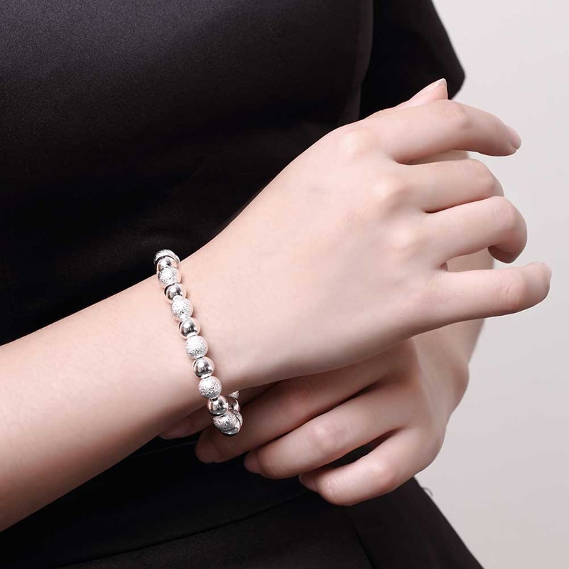 925 Silver Smooth Scrub 8MM Beads Chain Bracelets For Women Jewelry