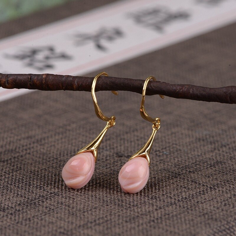 925 Sterling Zilver Roze Shell Magnolia Bloem Ring Oorbellen Ketting Sieraden Sets Vrouwen Originele Handgemaakte Craft Trendy: only earrings